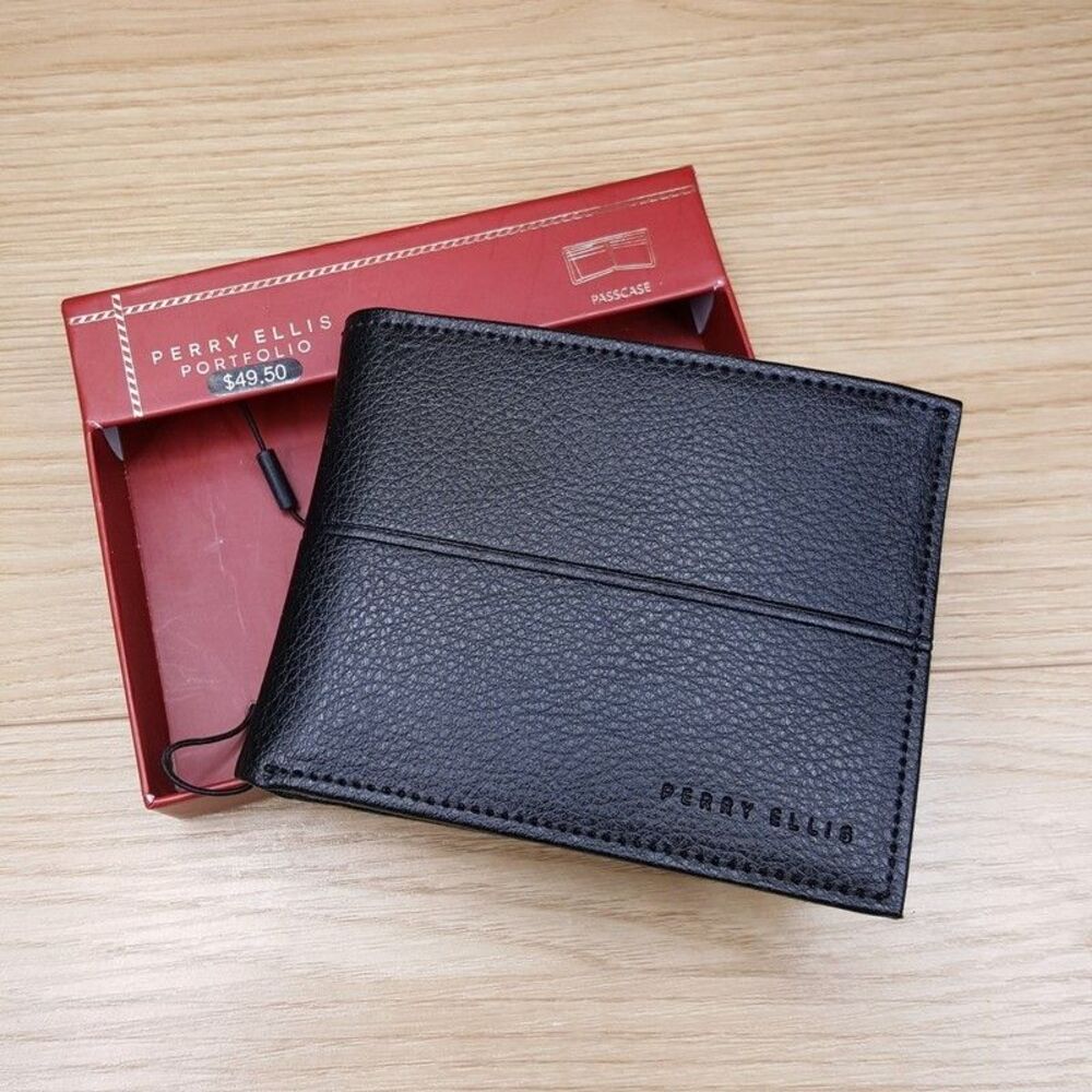 PERRY ELLIS Mens Wallet Black Leather Bifold Passcase RFID